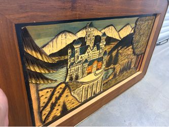 Vintage Hand carved 3D Wood Art Castle Mountain Scene Framed