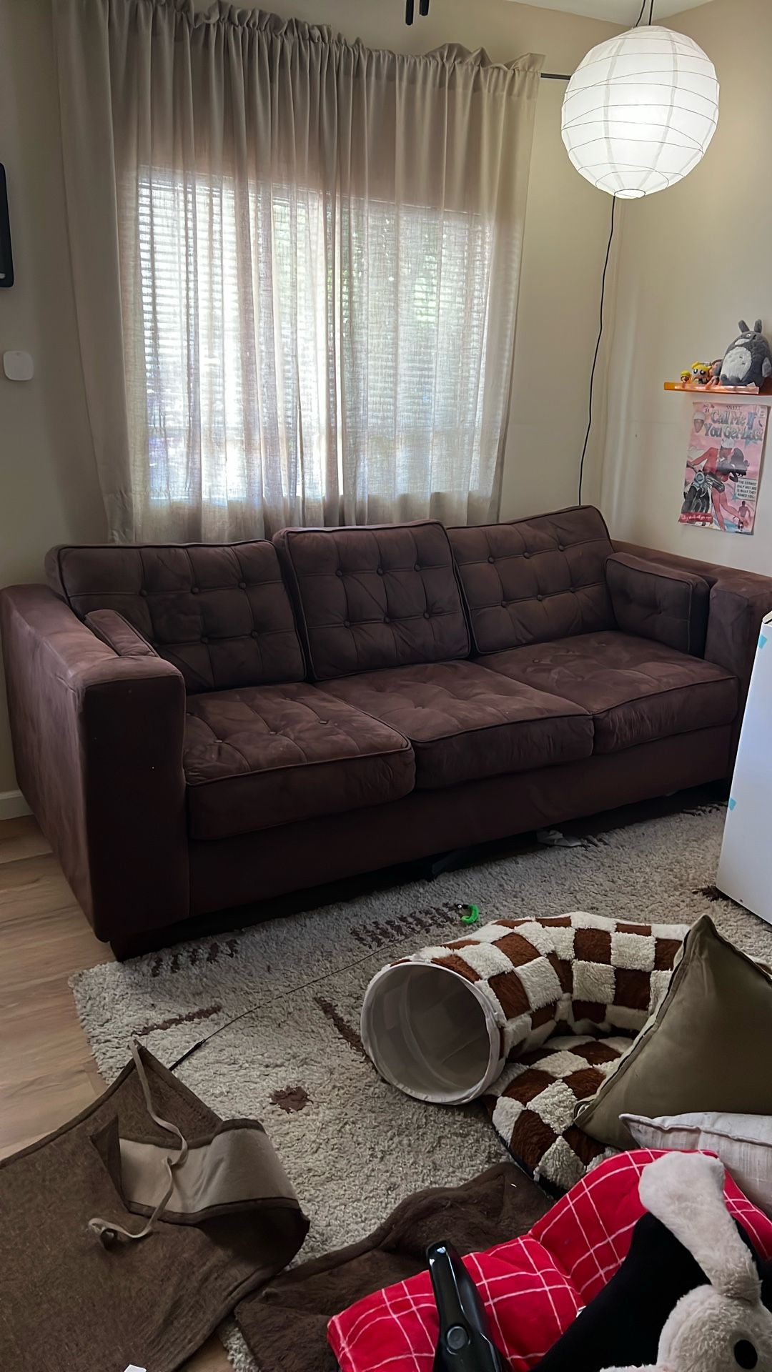 Suede Dark Brown Couch With Side Cushions