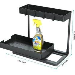 DEKAVA Under Sink Organizer L-Shaped, 2 Tier Bathroom Organizer, Narrow Space Under Sink Organizers and Storage for Kitchen Bathroom (Black, 1 Pack)