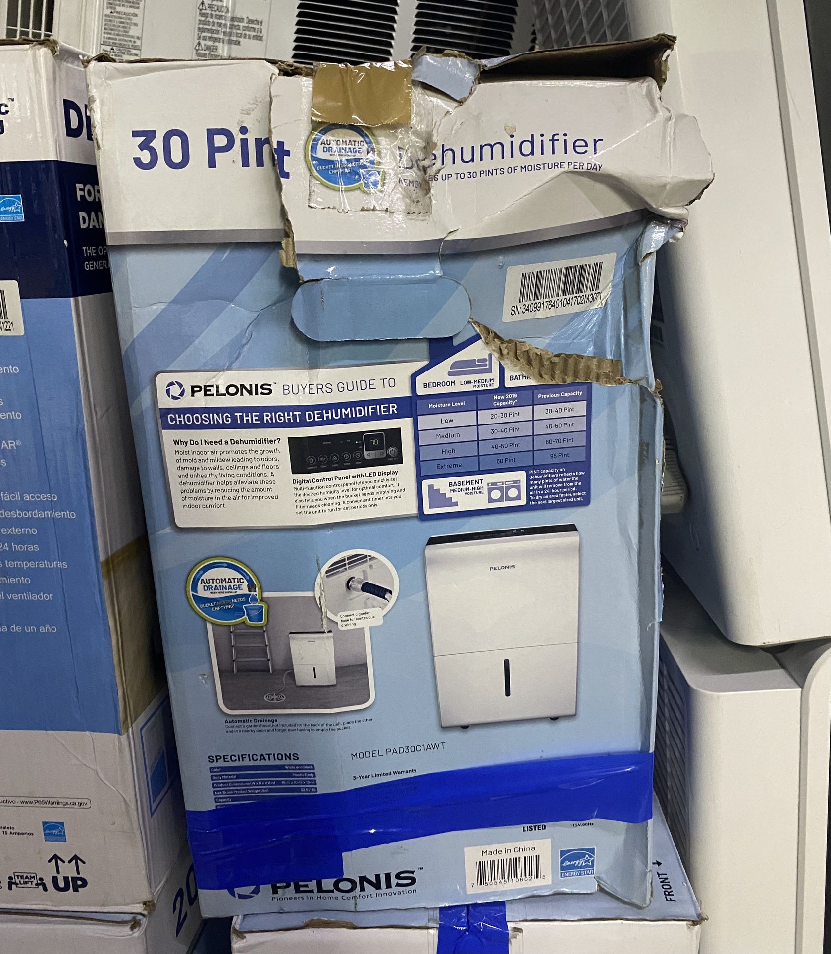 Pelonis 30 Pints Dehumidifier On The Box