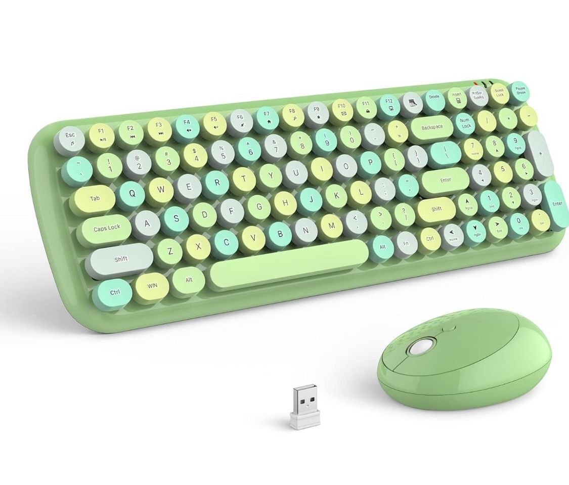 Wireless Keyboard and Mouse Combo, 2.4GHz RF, Green Colorful, Indoor, 33ft Range, Plug & Play