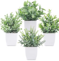 Set of 4 Mini Fake Plants in White Pots 7”