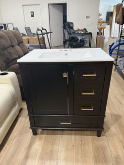 30" Black Bathroom Vanity, Modern Bathroom Cabinet with Sink Combo Set, Bathroom Storage Cabinet with a Soft Closing Door and 3 Drawers, Solid Wood Fr