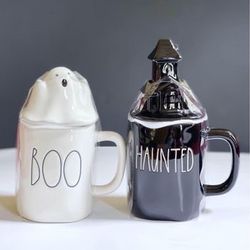 Rae Dunn BOO & Haunted topper mugs 