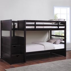 Cappuccino Twin Over Twin Bunk Bed Frame With Storage Ladder