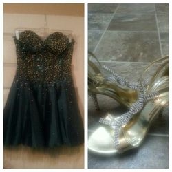 Prom Dress Hunter green with gold sequence and gold sequence shoes