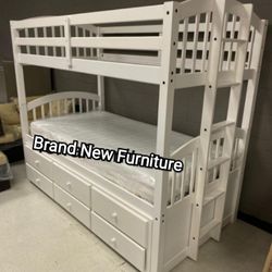 Brand New 🦚$30 Down Payment Finance🦚Micah White Finish Twin/Twin Bunk Bed & Trundle