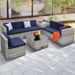 8 Piece Outdoor Wicker Patio Furniture Sectional Set - GREY/BLUE - BRAND NEW IN BOX