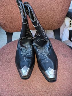 Black Leather Cowboy Boots with Silver Toe Caps