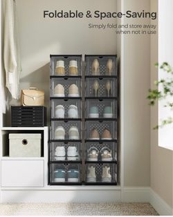 Foldable Shoe Boxes, 6-Tier for 12 Pack, Fit up to US size 13 Stackable Shoe Storage Organizer, 60s Assembly, Transparent and Ink Black, DENNYS Collec