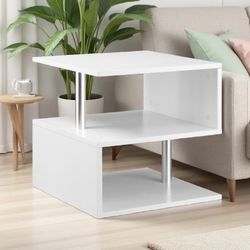 Two 20" Modern S-Shaped End Table, 3-Tier Accent Side Coffee Table with Storage Shelves and Steel Poles for Living Room Bedroom - White

