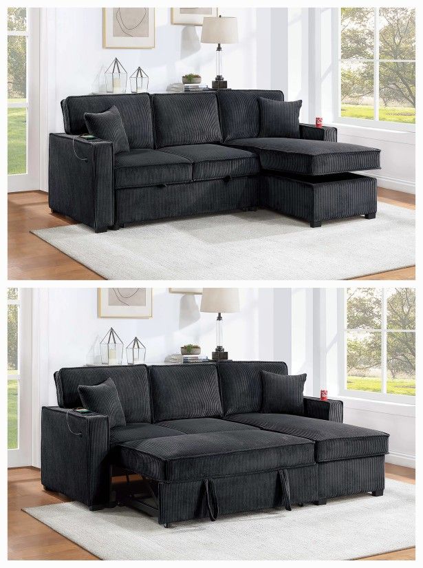 🔥 Sectional Sofa Bed, Black Color, Corduroy Fabric, New In The Box