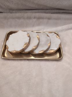 White Marble Coasters with Gold Edge Set of 4
