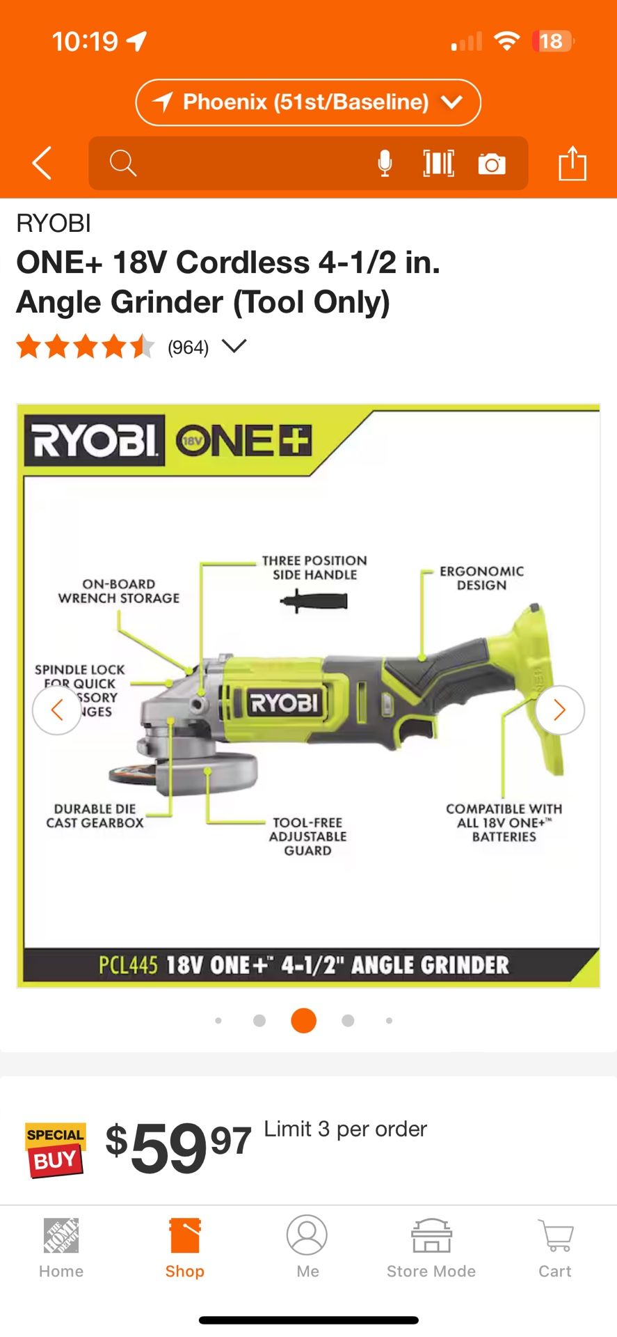 RYOBI ONE+ 18V Cordless 4-1/2 in. Angle Grinder (Tool Only)