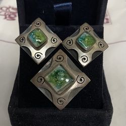 Vintage Silver Pendant/Earrings Set With Blue-green Glass