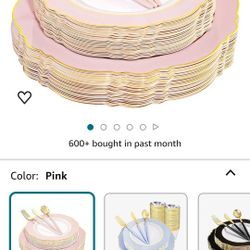 WDF 30Guest Pink Plastic Plates & Gold Plastic Silverware With Pink Handle-Baroque Pink &Gold Plastic Dinnerware for Upscale Wedding &Parties, Mother'