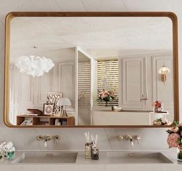 LOAAO 60X30 Inch Bathroom Mirror With Wood Grain Colored Metal Frame, Rounded Rectangle Metal Framed Bathroom Mirror, Anti-Rust, Hangs Horizontally Or