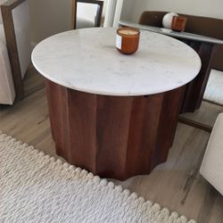 35 Inch Round Coffee Table With White Marble On Top And Wood As Base