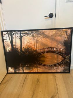 Old Bridge In Autumn Misty Park Landscape Canvas Print Wall Art