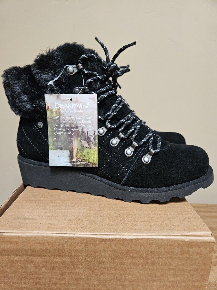 Bearpaw Suede/Fur Women's Winter Wedge Boots "Janae" Black Size 9