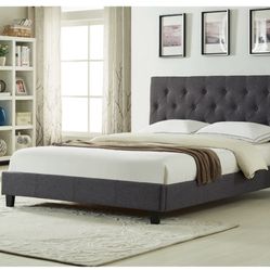 Brand New In Box Queen Size Dark Grey Linen Upholstered Bed With Mattress. Assembly Required, We Can Deliver, Cama Con Colchon.