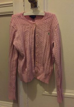 Light pink cable knit Ralph Lauren cardigan sweater