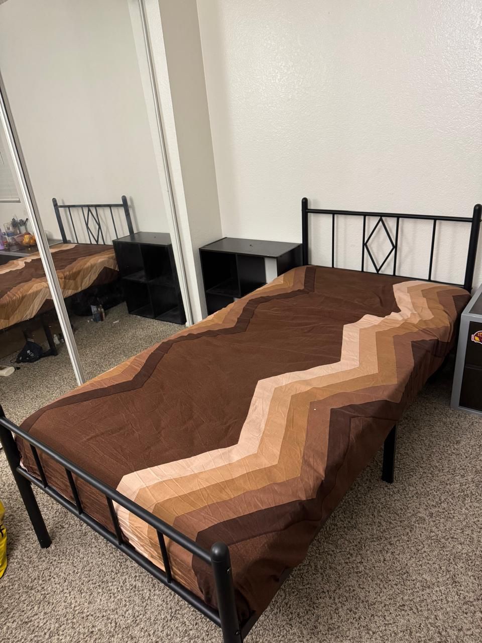 Bed Frame Along With Mattress With Side Table