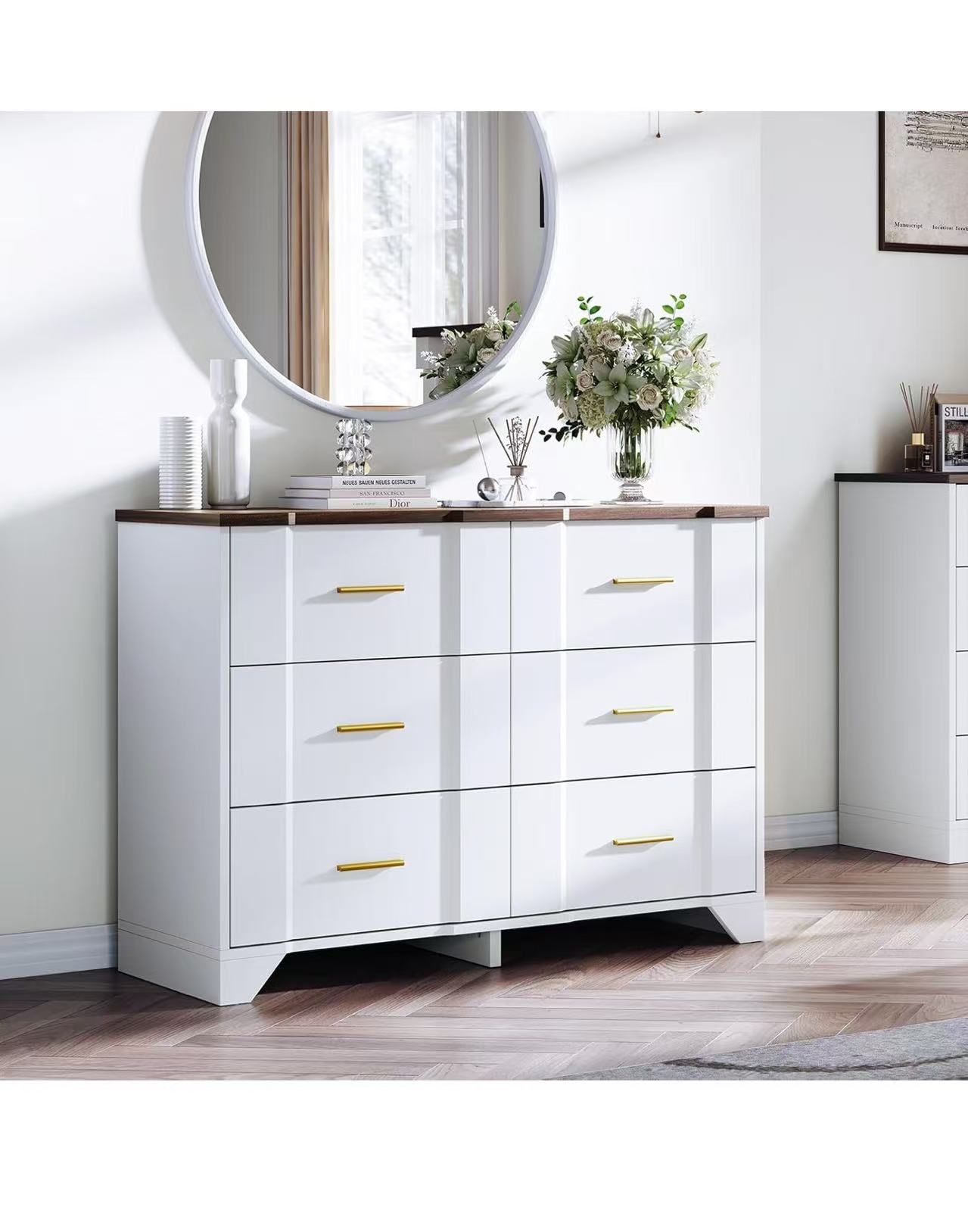 Farmhouse 6 Drawers Dresser for Bedroom, Wood Large Chest of Drawers, White Long Dressers, Curved Wide Dresser Storage Dressers Organizer for Bedroom,