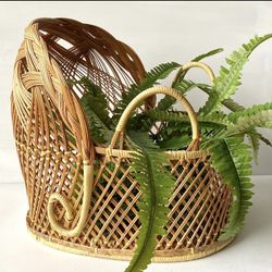 Vintage Wicker Bassinet Planter Rattan Boho