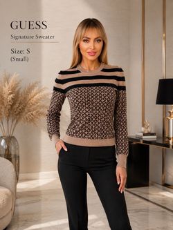 GUESS Tan and Black Signature Striped Logo Knit Sweater