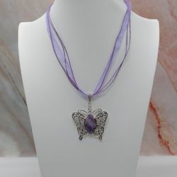 Amethyst Butterfly Pendant Choker Necklace