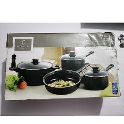 New GIBSON HOME 7 Piece Non-stick Steel Cookware Set Black **Box Damaged But All Items In Perfect Condition**