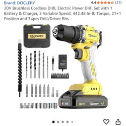 $20-Brand: DOCLERY 4.4 (21) 2OV Brushless Cordless Drill, Electric Power Drill Set with 1 Battery & Charger, 2 Variable Speed, 442.48 In-lb Torque, 21