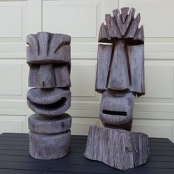 2 LARGE TIKI WOOD STATUES