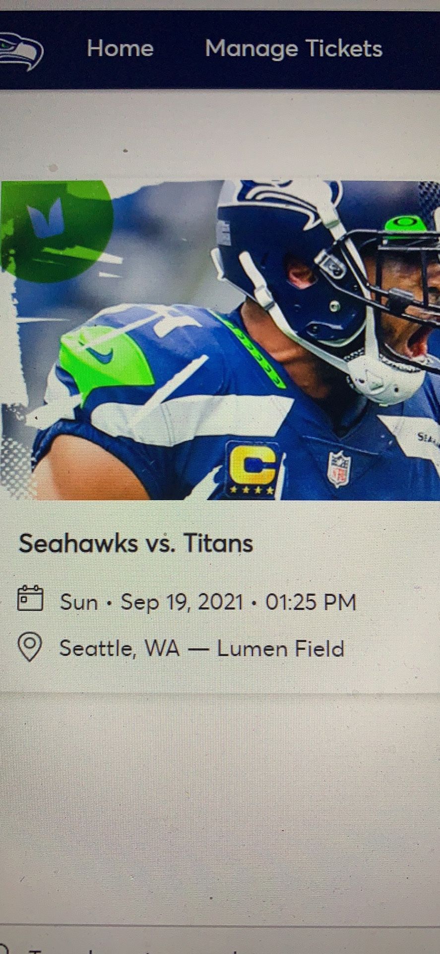 Two great aisle Club Seats - Seahawks vs. Titans - face value