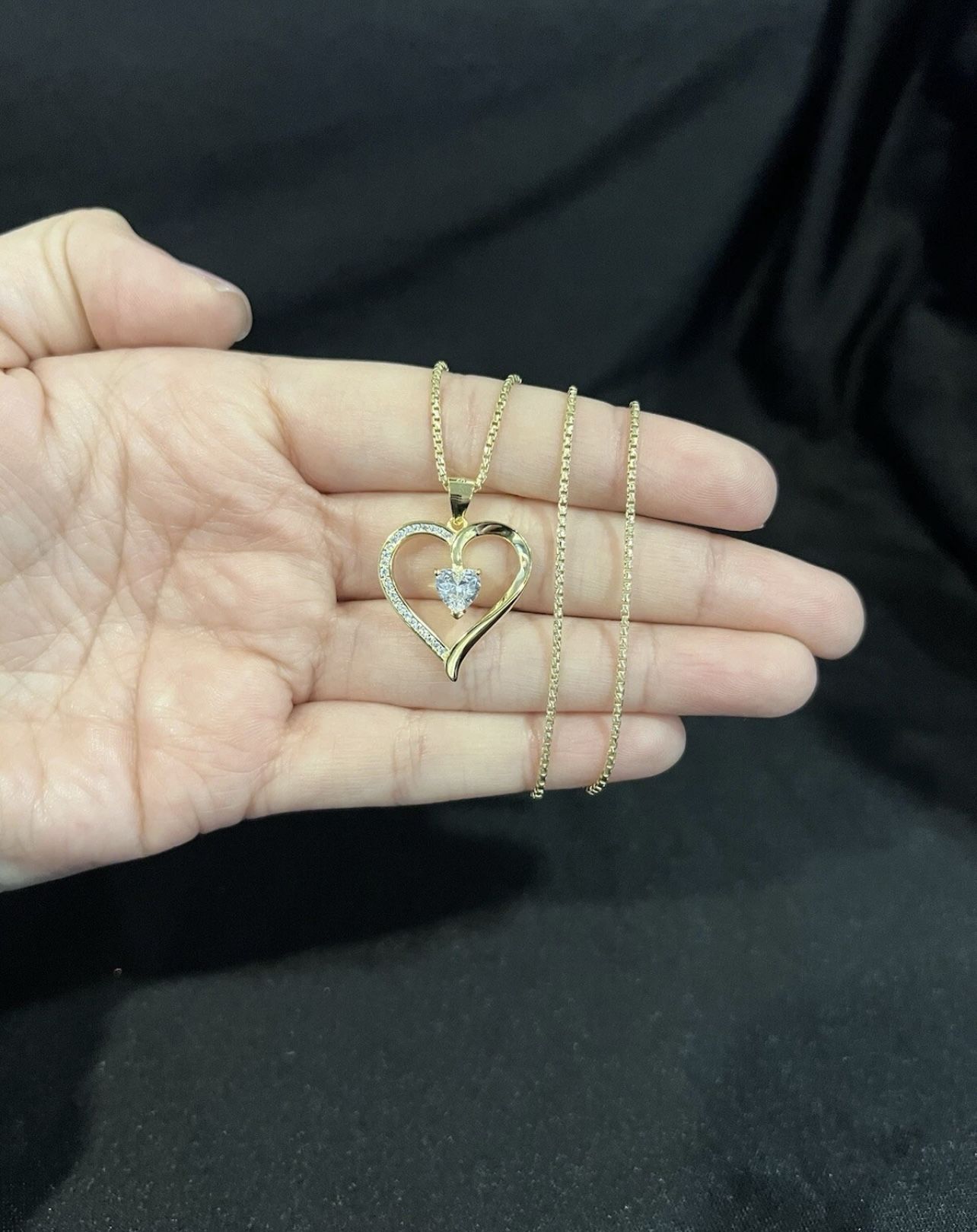 925 Sterling Silver Womens Gold Tone CZ Heart Pendant & Box Chain 20”