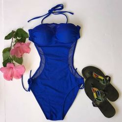 Blue halter onepiece monokini swimsuit bathingsuit Size Small