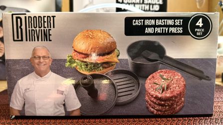 NEW! Robert Irvine 4 piece set cast iron basting and, patty press- burgers.