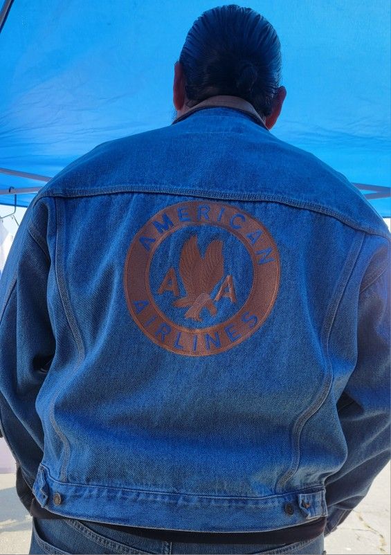 American Airlines Denim Jacket Large With Leather Collar