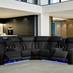 117"W Black Leather Aire Transformer Power Reclining Sectional Sofa with Power Headrest, Bluetooth Speakers, LED Lights, USB Ports, Storage & Cupholde