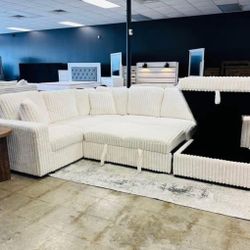 NEW IN  BOX - Beige Sectional With USB Charging Ports & Pull-Out Bed & STORAGE CHAISE Finance $39