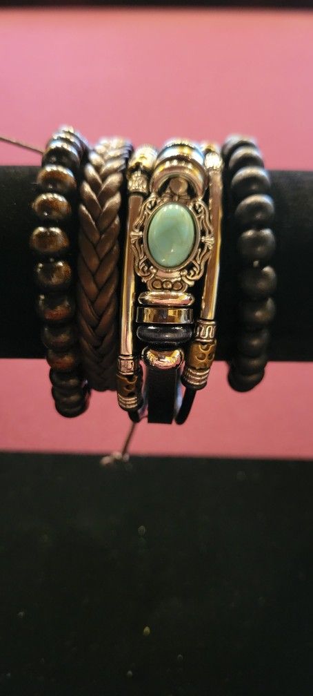 4pcs Vintage Western Style Bracelet Set Turquoise & Wooden Beads