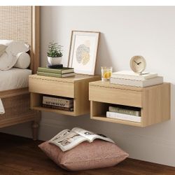 Nathan James Jackson Wall Mounted Floating Bedroom Nightstand with Storage Drawer and Modern Open Shelf Cubby Set of 2, Light Oak Wood