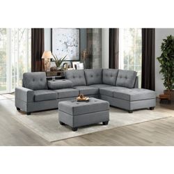 Brand New 111" x 81" Gray Microfiber Reversible Sectional With Cup Holders And Storage Ottoman