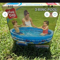  Brand New Play Day Round Inflatable Shark 3-Ring Swimming Pool for Kids, 65" x 14.5" 