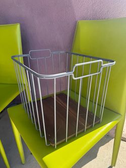 Silver Metal Wire Storage Basket/Oak wood bottom- NEW