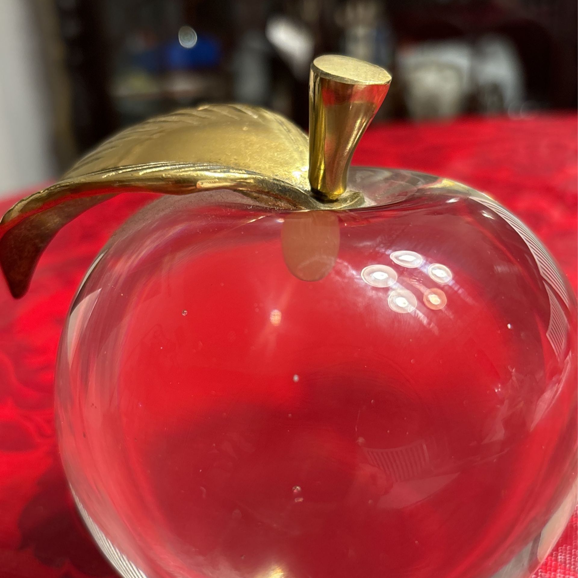 Vtg Glass Apple With Brass Stems And Leaf Paper Weight
