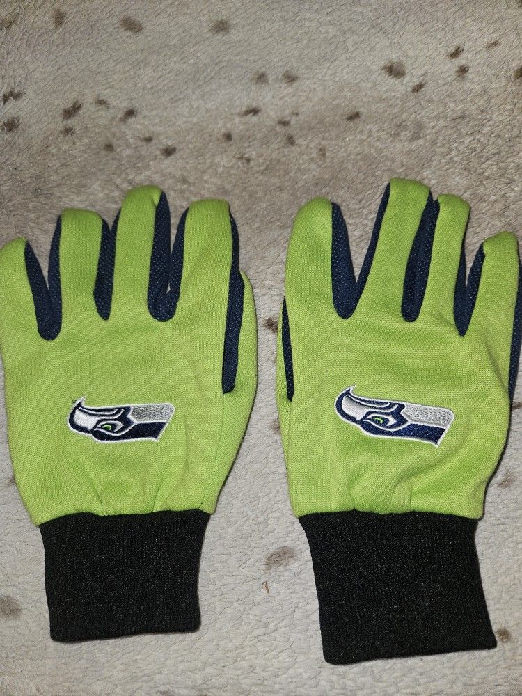 Seahawks Green Blue Two Tone Team Logo Licensed NFL Sport Utility Gloves-Used