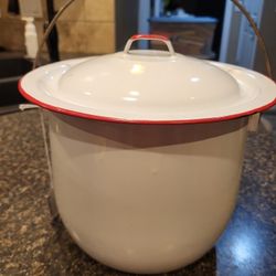Enamelware Antique Metal Pot with lid white with red trim, 8" tall, 9" diameter