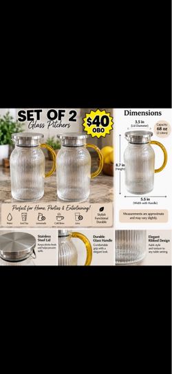 Set of 2 Ribbed Glass Pitchers with Lids
